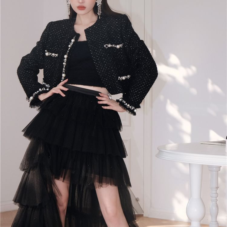 Patterned Fluffy Trim Faux Pearl Jacket