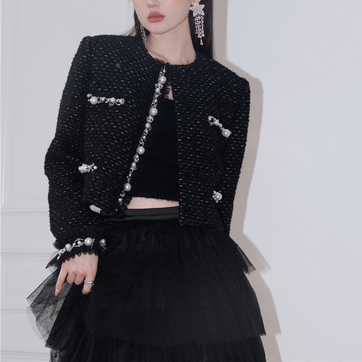 Patterned Fluffy Trim Faux Pearl Jacket