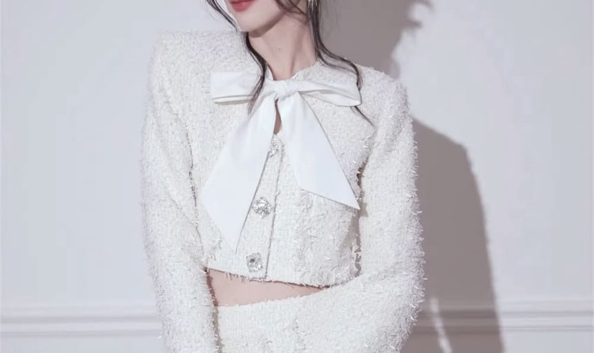 Set: Plain Bow Cropped Single-Breasted Jacket + High Rise Mini Mermaid Skirt