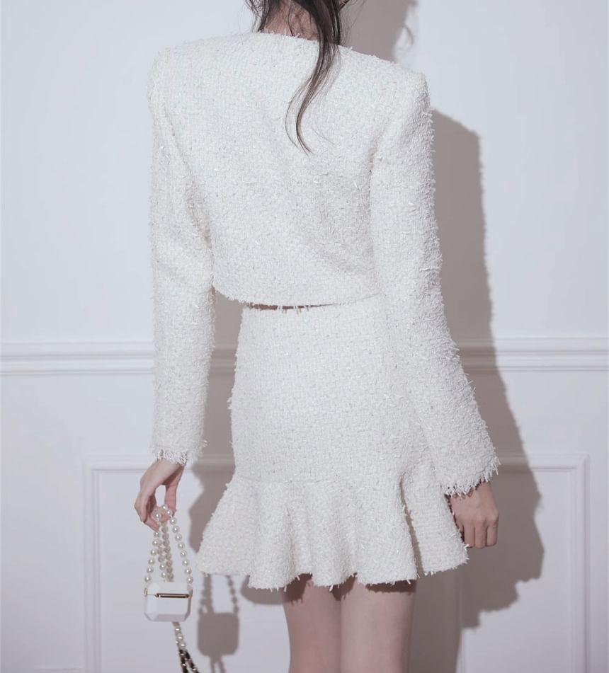 Set: Plain Bow Cropped Single-Breasted Jacket + High Rise Mini Mermaid Skirt