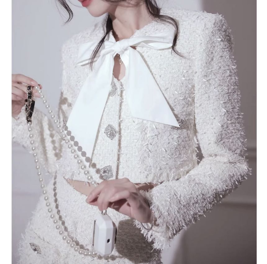 Set: Plain Bow Cropped Single-Breasted Jacket + High Rise Mini Mermaid Skirt