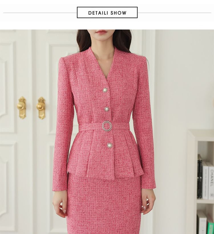 Set: V-Neck Plaid Peplum Single-Breasted Jacket + High Waist Pencil Skirt