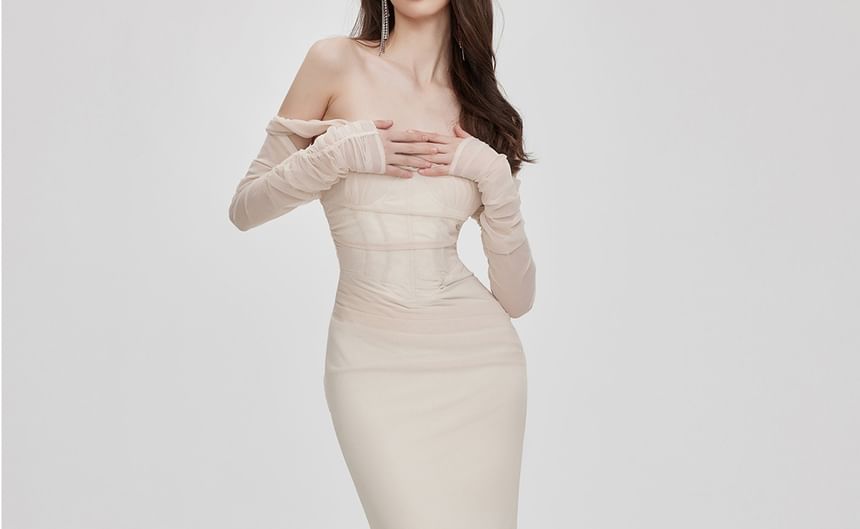 Long-Sleeve Off-Shoulder Plain Mesh Maxi Mermaid Dress