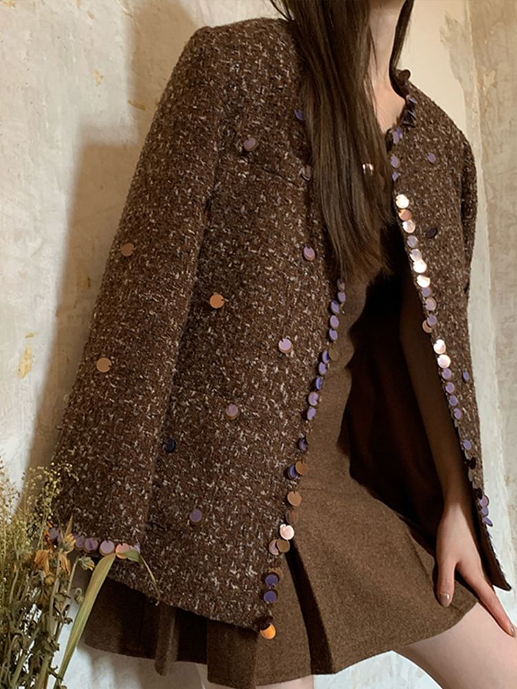 Round Neck Plaid Sequin Jacket