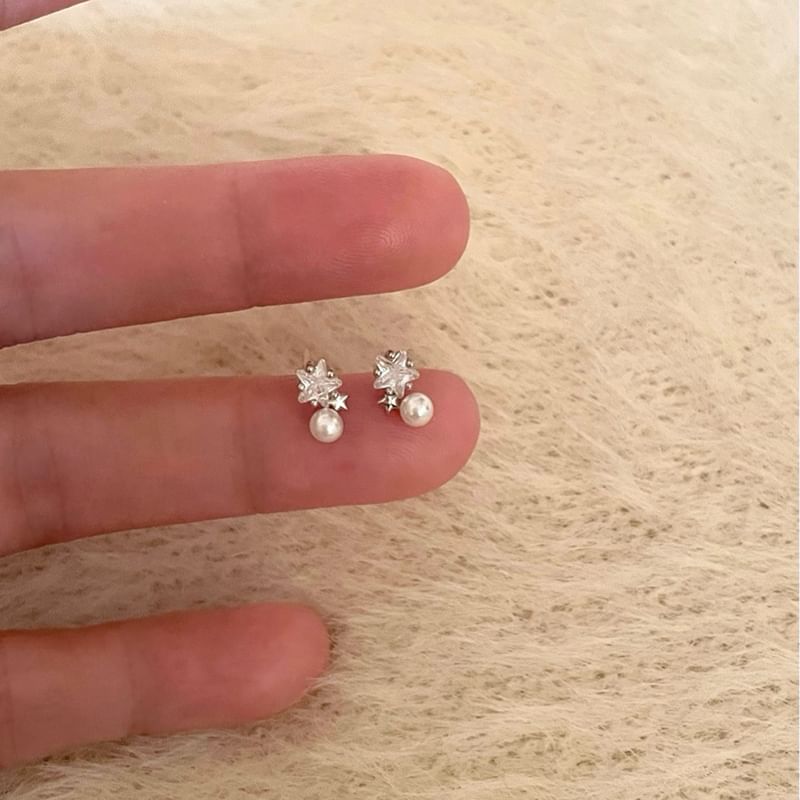 Faux Earring Alloy Rhinestone Star Pearl Drop
