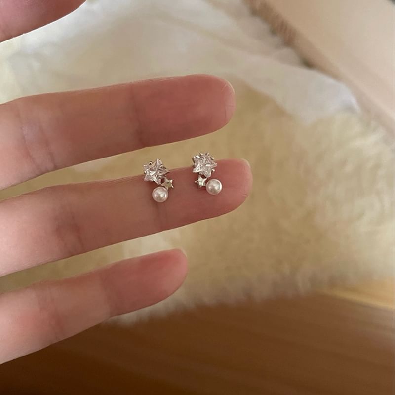 Faux Earring Alloy Rhinestone Star Pearl Drop