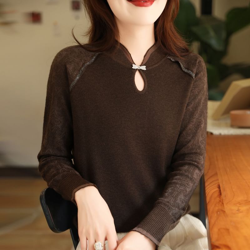 Long Sleeve Stand Collar Contrast Trim Keyhole Knit Top