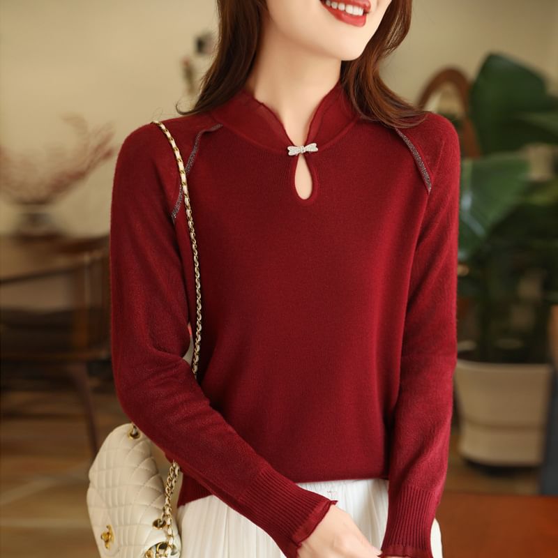 Long Sleeve Stand Collar Contrast Trim Keyhole Knit Top