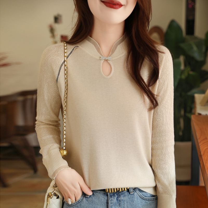 Long Sleeve Stand Collar Contrast Trim Keyhole Knit Top