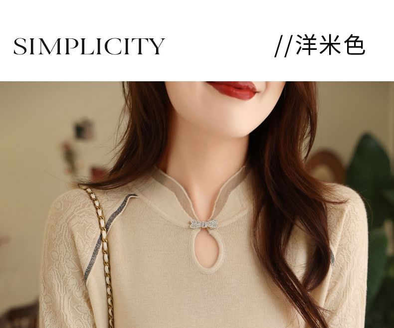 Long Sleeve Stand Collar Contrast Trim Keyhole Knit Top