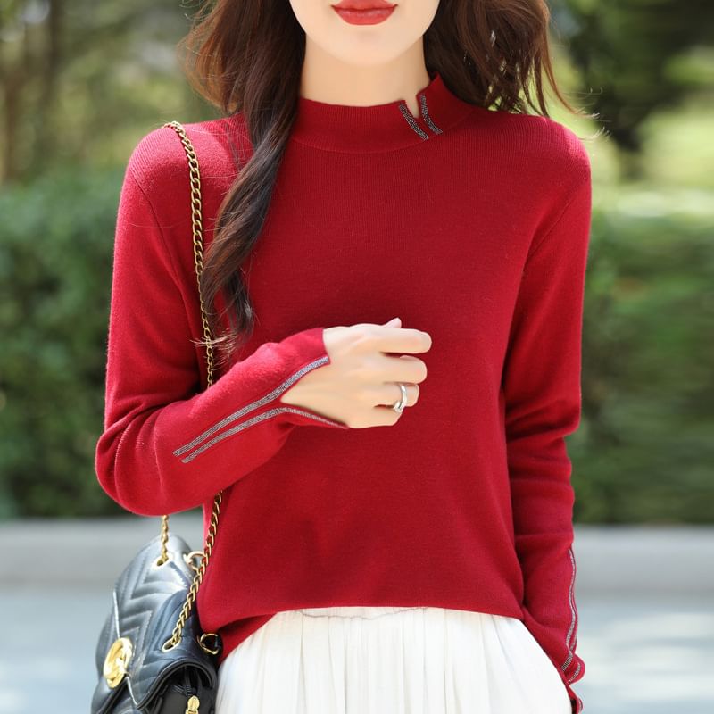 Long Sleeve Mock Neck Plain Slit Knit Top