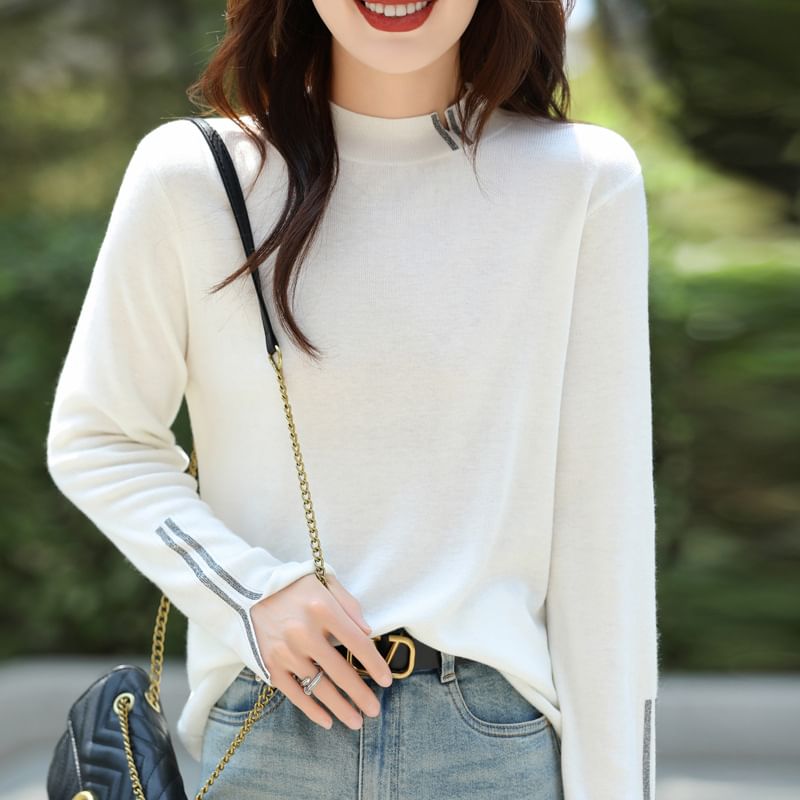 Long Sleeve Mock Neck Plain Slit Knit Top
