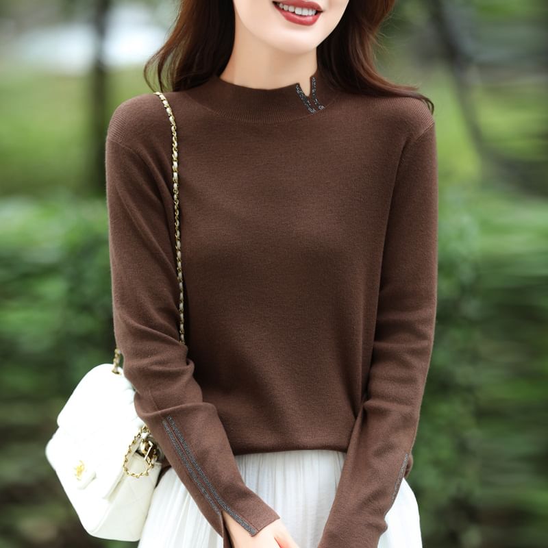 Long Sleeve Mock Neck Plain Slit Knit Top