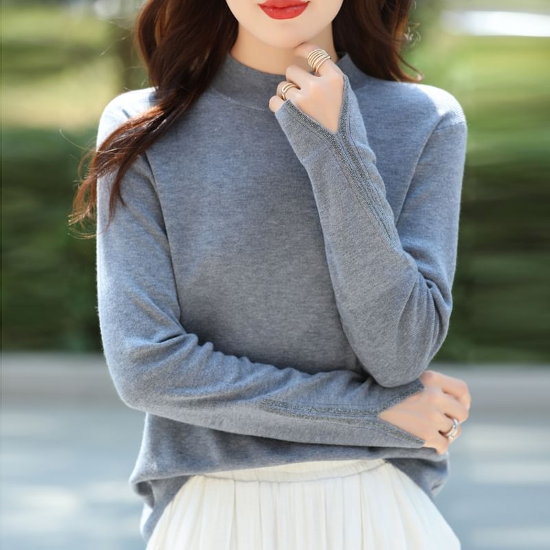 Long Sleeve Mock Neck Plain Slit Knit Top