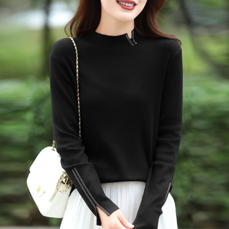 Long Sleeve Mock Neck Plain Slit Knit Top