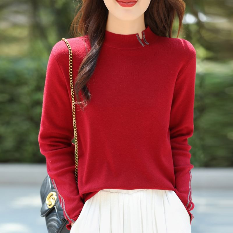 Long Sleeve Mock Neck Plain Slit Knit Top
