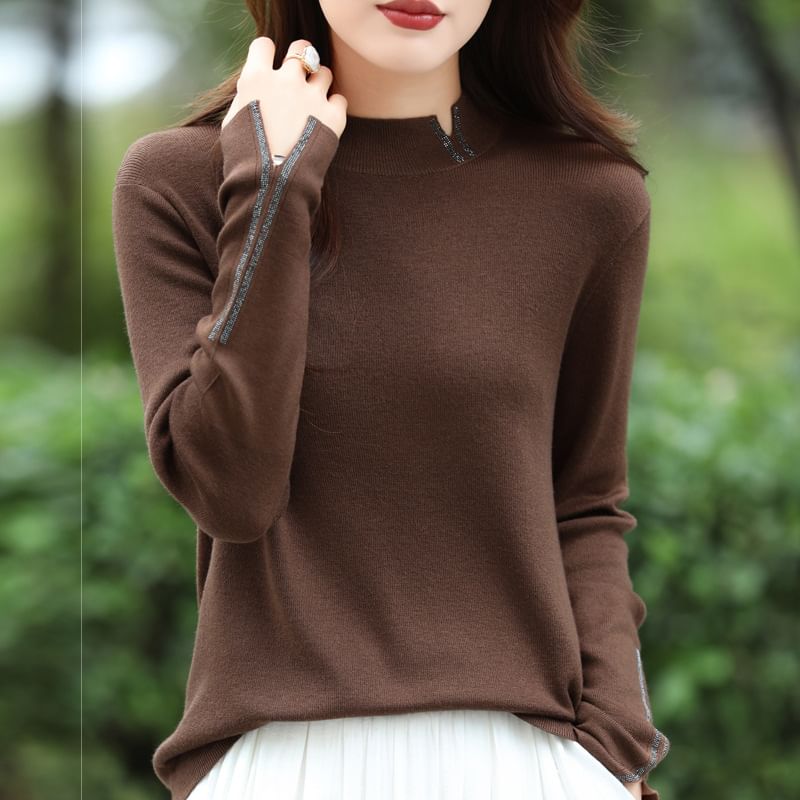 Long Sleeve Mock Neck Plain Slit Knit Top