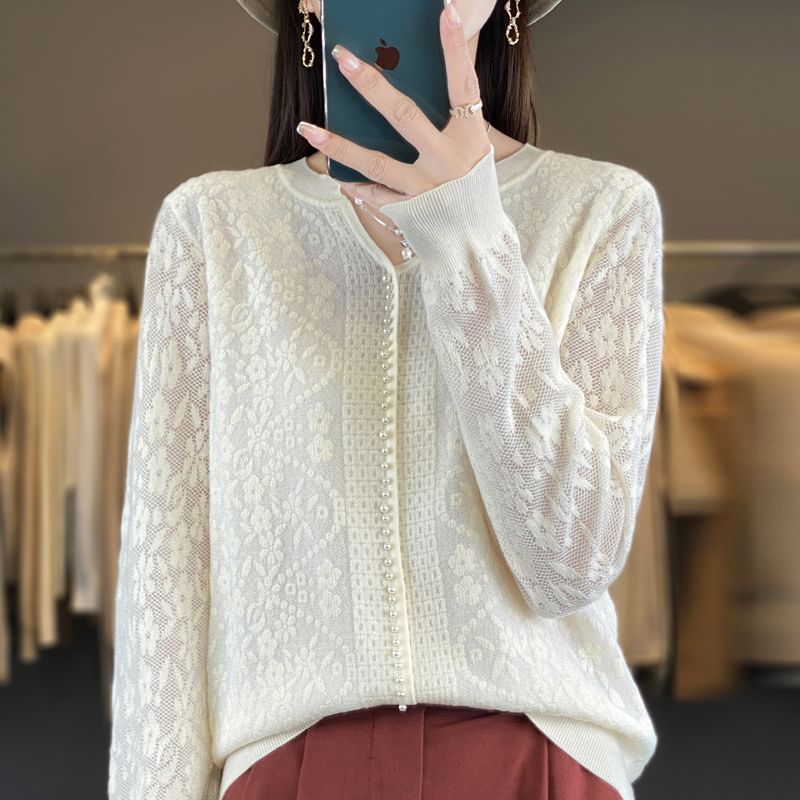 Long Sleeve Notch Neck Floral Patterned Beaded Knit Top