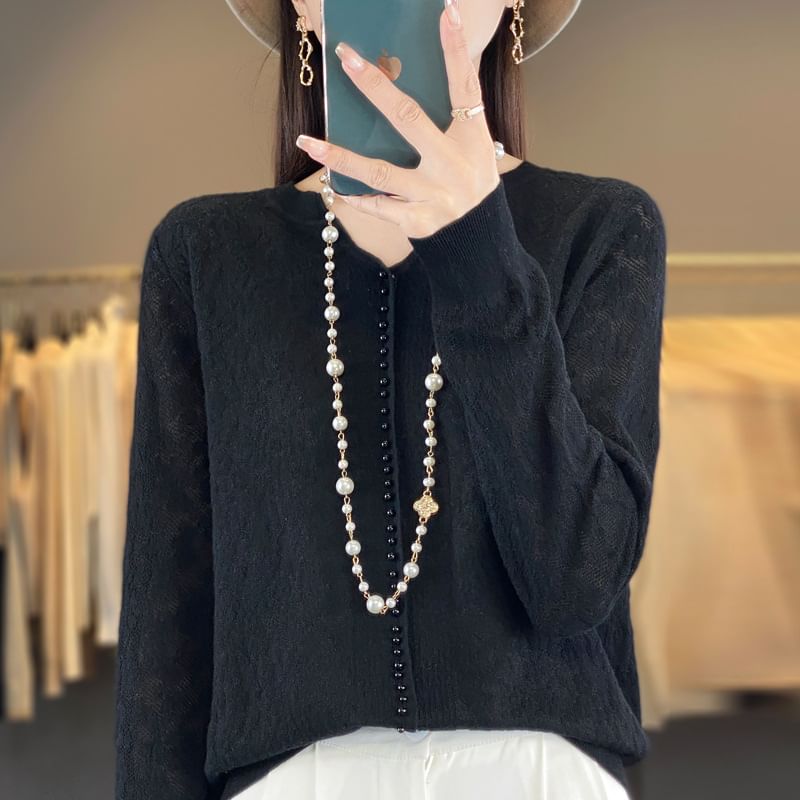 Long Sleeve Notch Neck Floral Patterned Beaded Knit Top