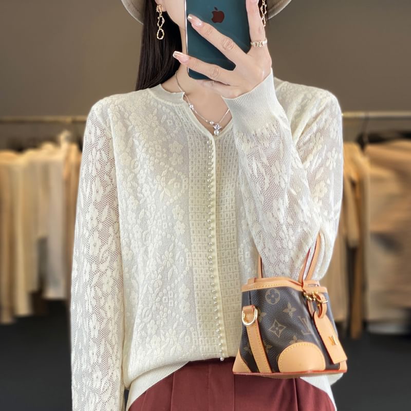 Long Sleeve Notch Neck Floral Patterned Beaded Knit Top