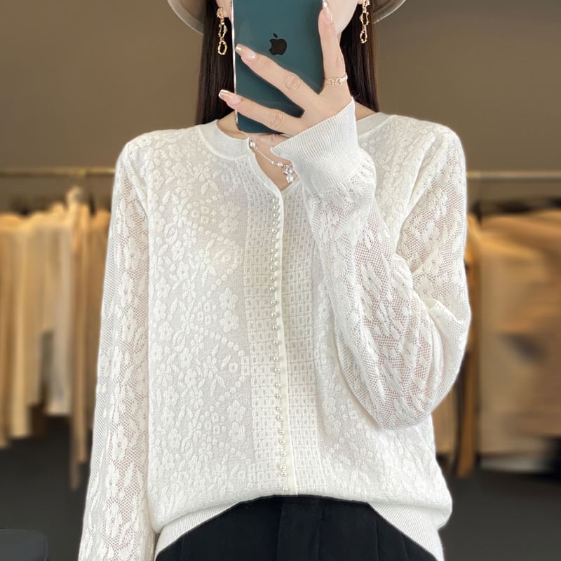 Long Sleeve Notch Neck Floral Patterned Beaded Knit Top
