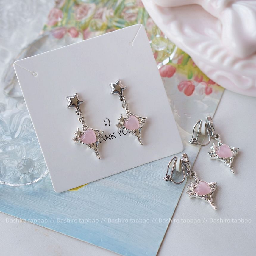 Rhinestone On Drop Star / Heart Clip Earring