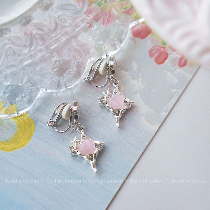 Rhinestone On Drop Star / Heart Clip Earring