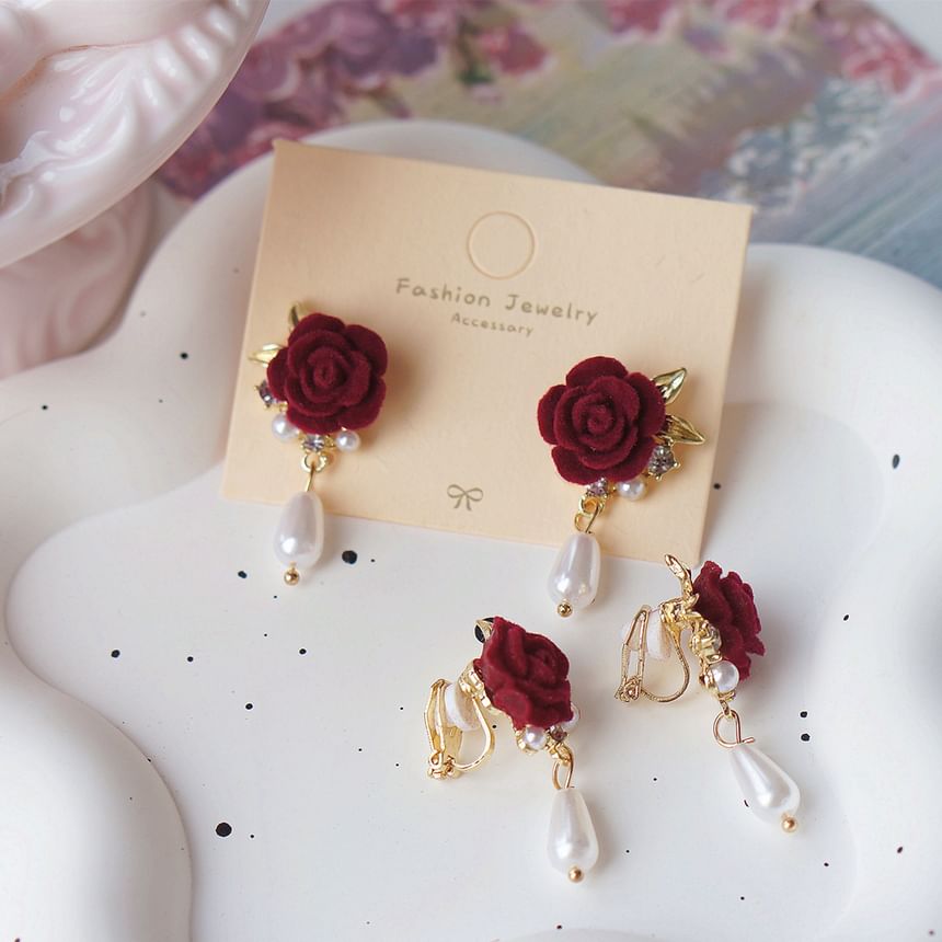 Faux Earring On Drop / Rose Clip Pearl
