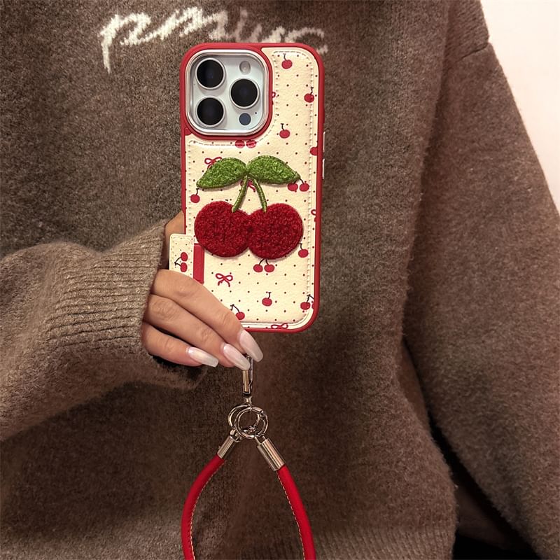 / Case Phone Embroidered Cherry Strap Set