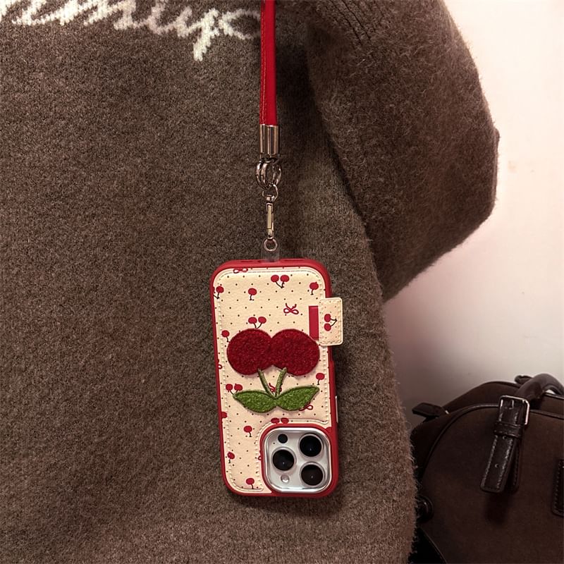 / Case Phone Embroidered Cherry Strap Set