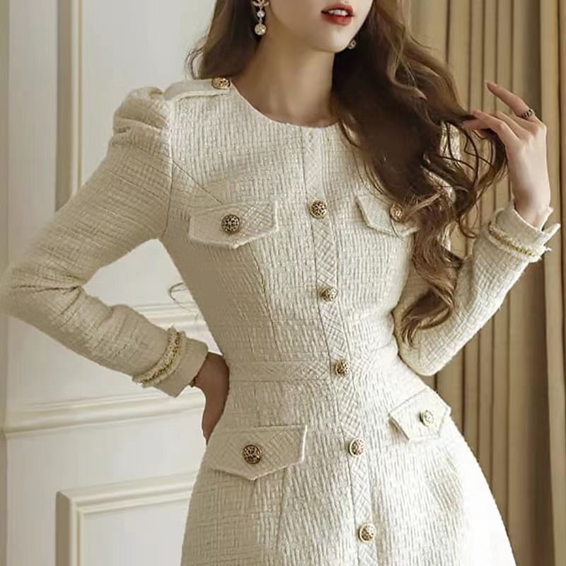 Long-Sleeve Round Neck Plain Button Tweed Mini A-Line Dress