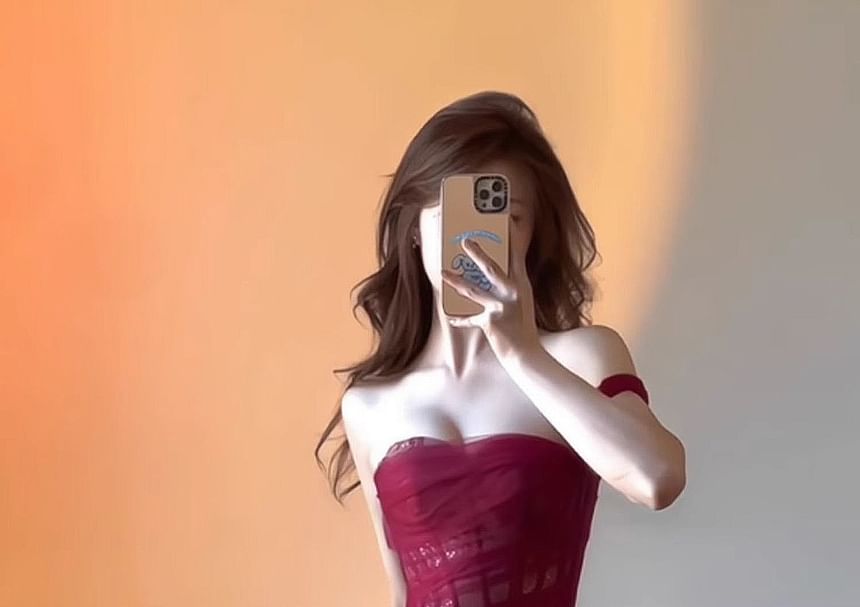 Sleeveless One-Shoulder Plain Mesh Slit Midi Corset Evening Dress