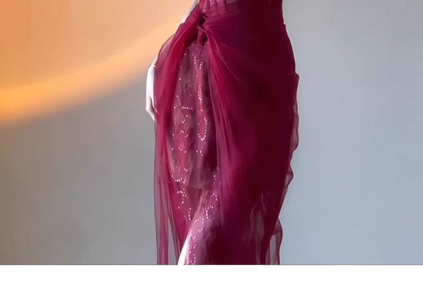 Sleeveless One-Shoulder Plain Mesh Slit Midi Corset Evening Dress