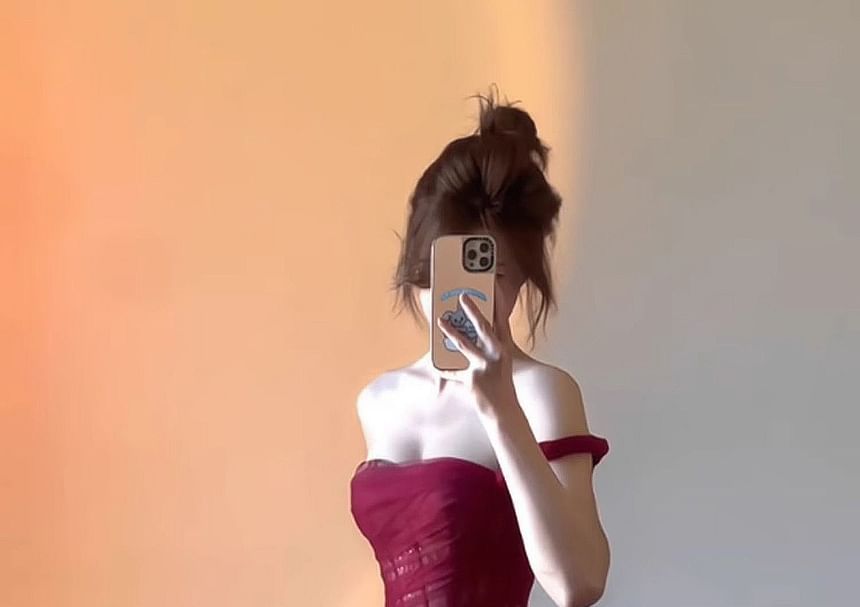 Sleeveless One-Shoulder Plain Mesh Slit Midi Corset Evening Dress