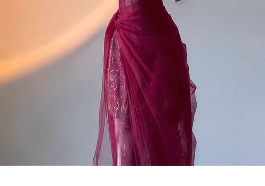 Sleeveless One-Shoulder Plain Mesh Slit Midi Corset Evening Dress