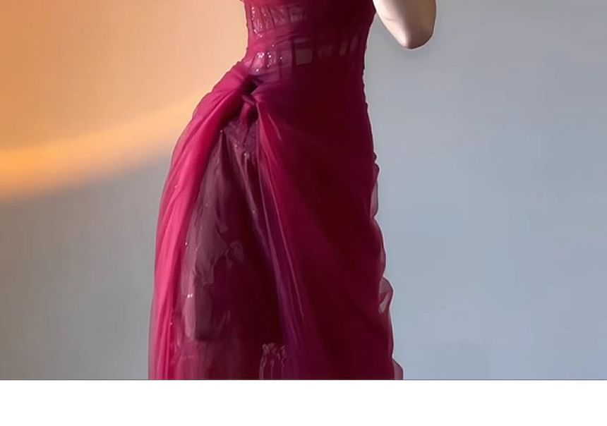 Sleeveless One-Shoulder Plain Mesh Slit Midi Corset Evening Dress