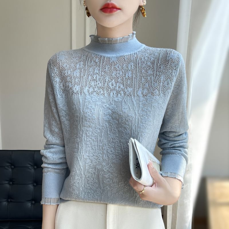 Long-Sleeve Mock Neck Lace Top