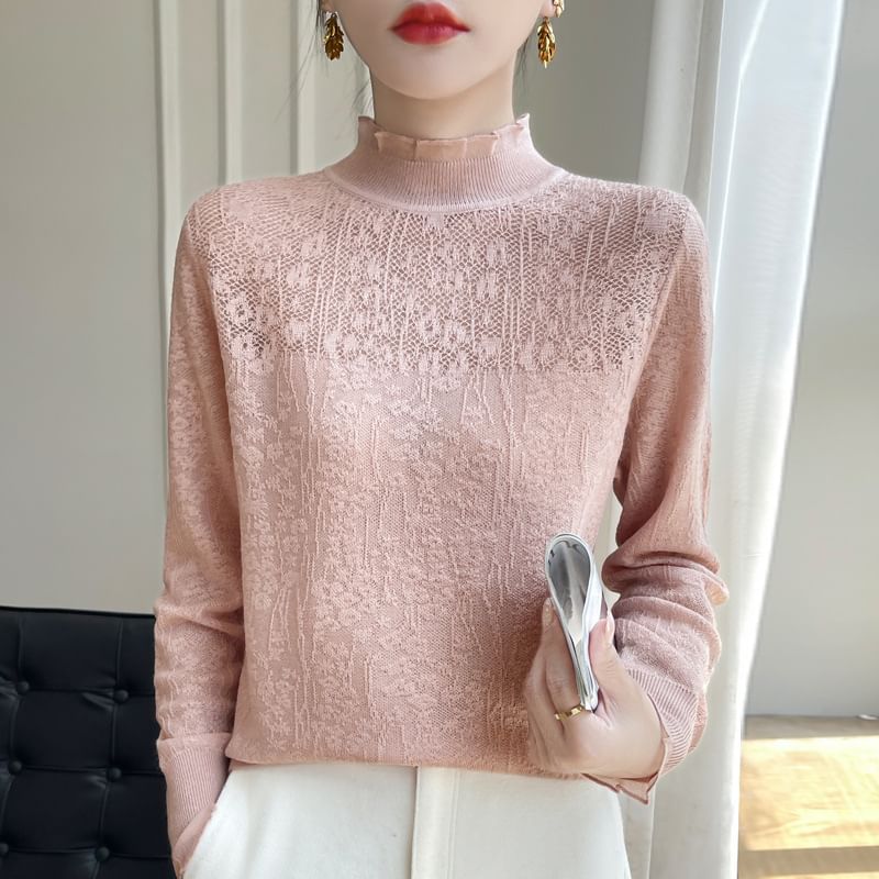 Long-Sleeve Mock Neck Lace Top