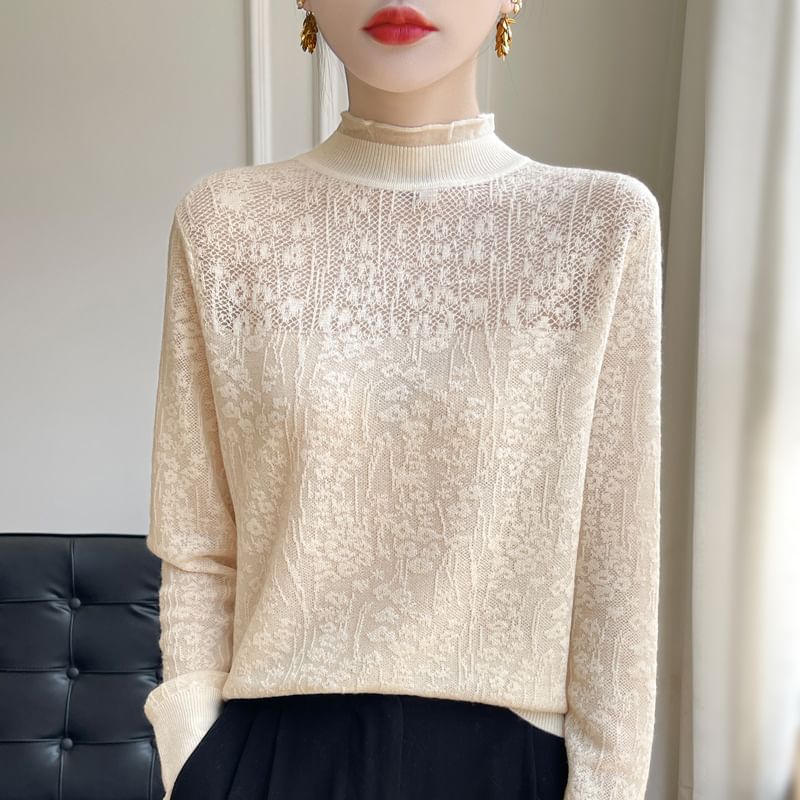 Long-Sleeve Mock Neck Lace Top