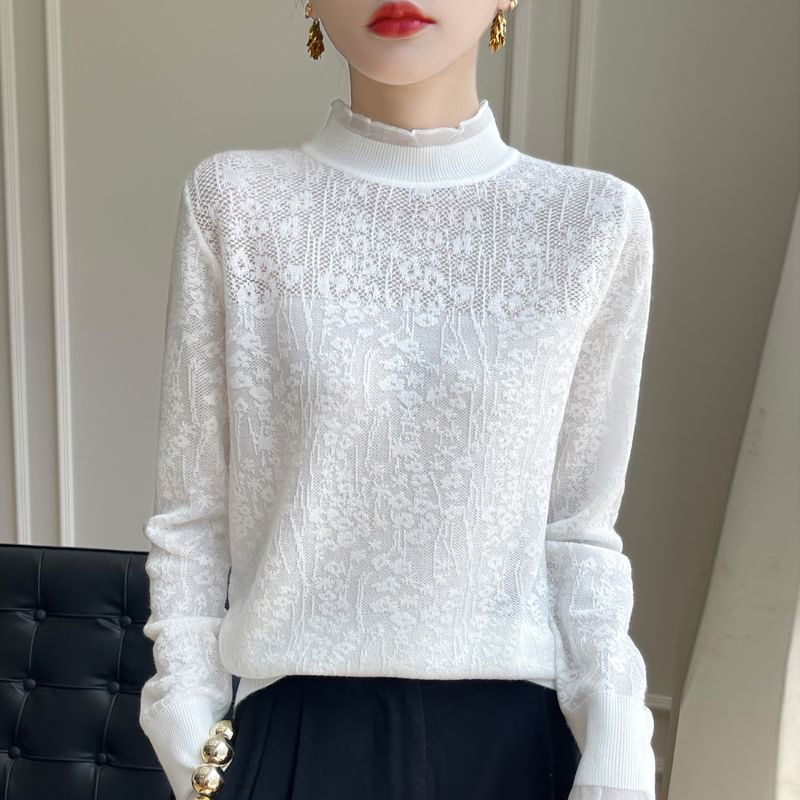 Long-Sleeve Mock Neck Lace Top