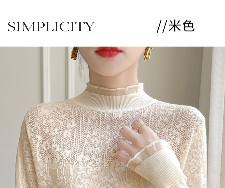 Long-Sleeve Mock Neck Lace Top