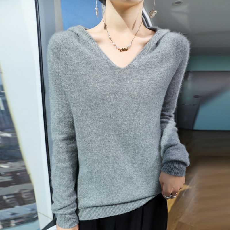 Long-Sleeve V-Neck Hooded Plain Knit Top