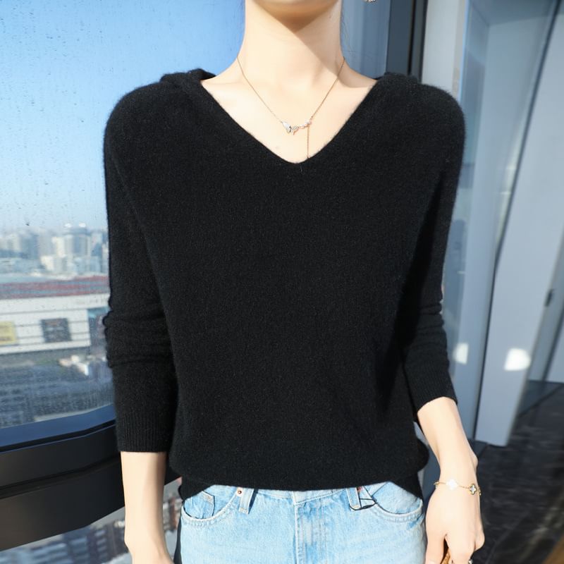 Long-Sleeve V-Neck Hooded Plain Knit Top