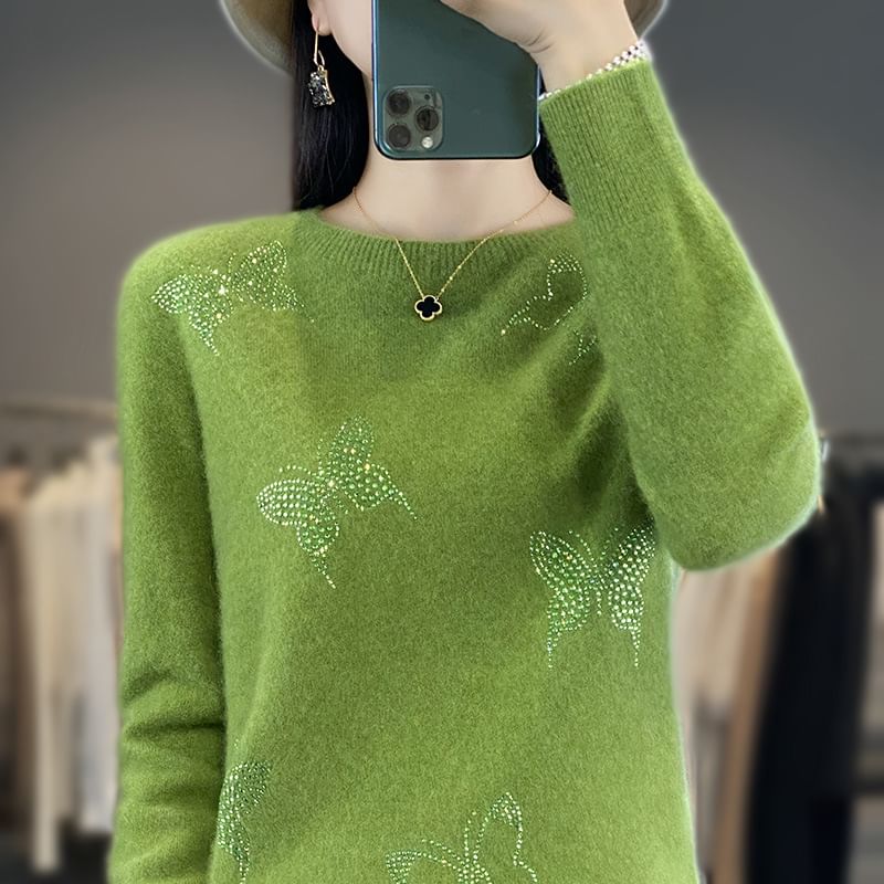 Long-Sleeve Crewneck Glitter Butterfly Knit Top