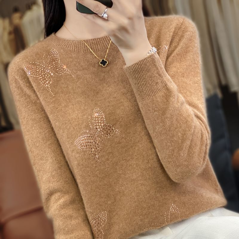 Long-Sleeve Crewneck Glitter Butterfly Knit Top