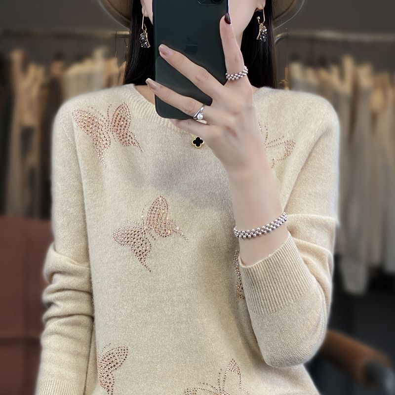 Long-Sleeve Crewneck Glitter Butterfly Knit Top