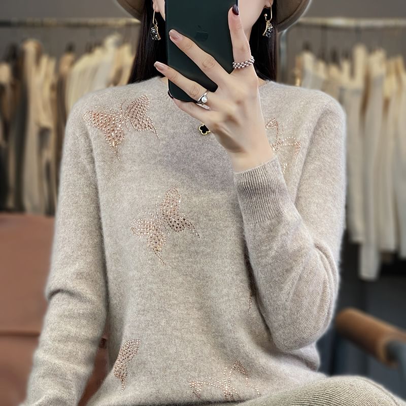 Long-Sleeve Crewneck Glitter Butterfly Knit Top
