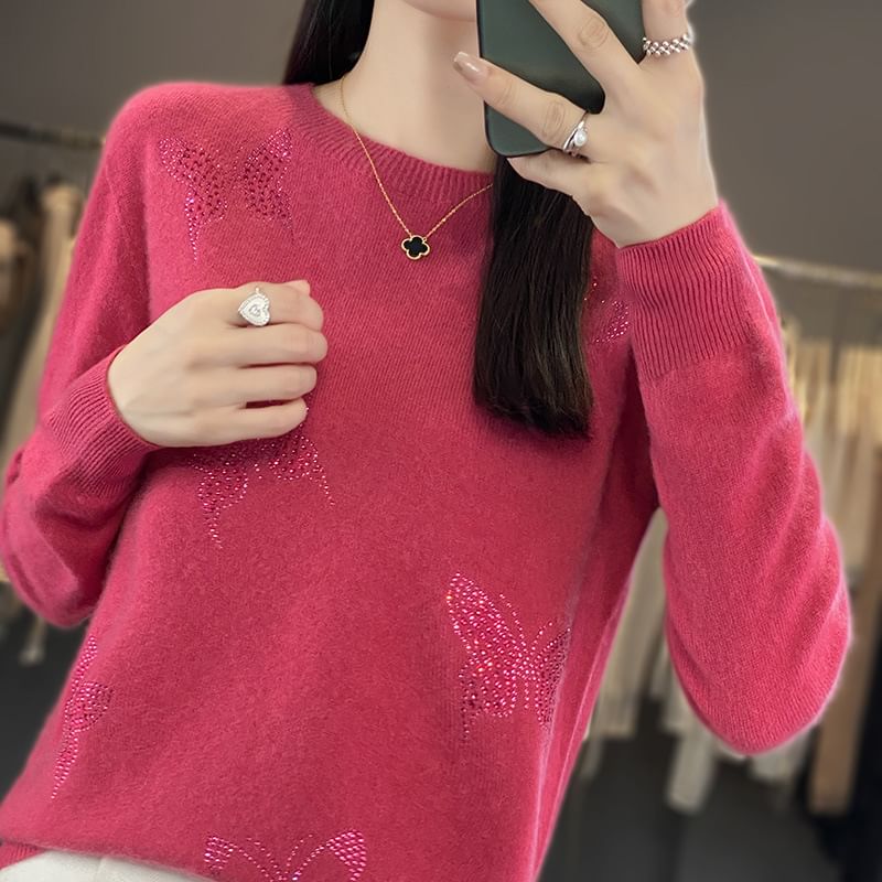 Long-Sleeve Crewneck Glitter Butterfly Knit Top