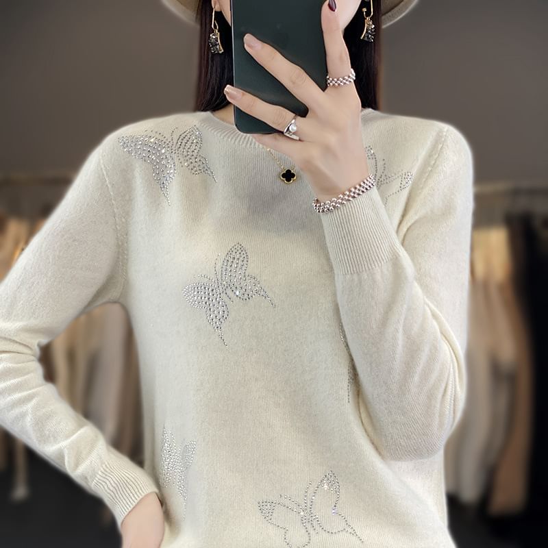 Long-Sleeve Crewneck Glitter Butterfly Knit Top