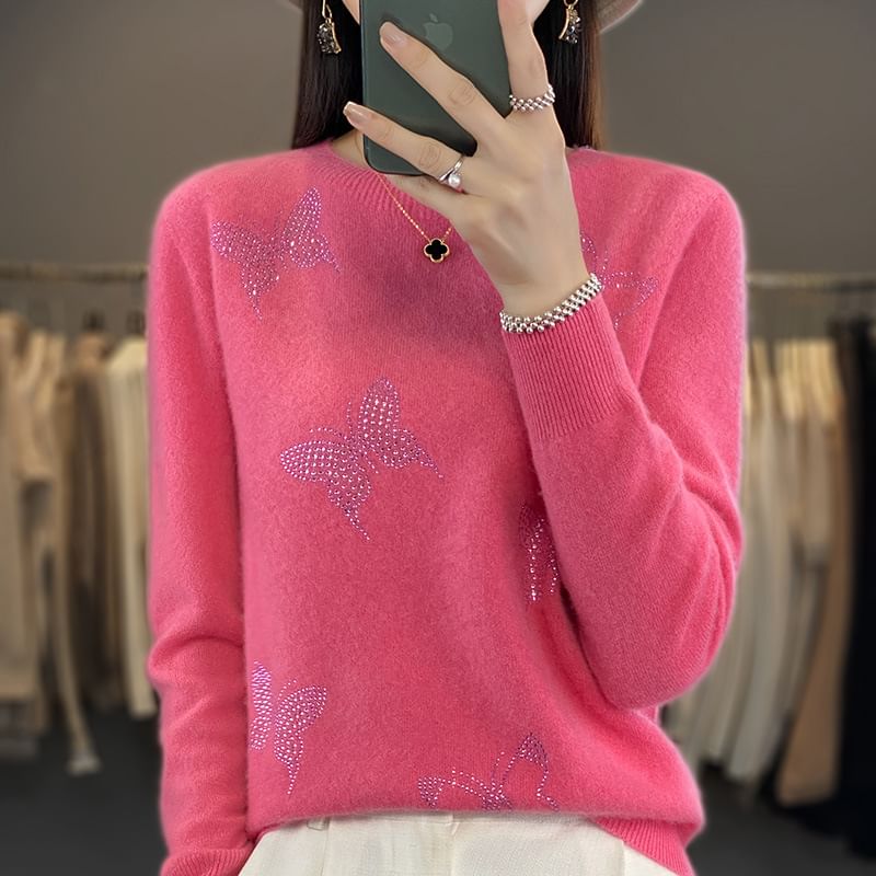 Long-Sleeve Crewneck Glitter Butterfly Knit Top